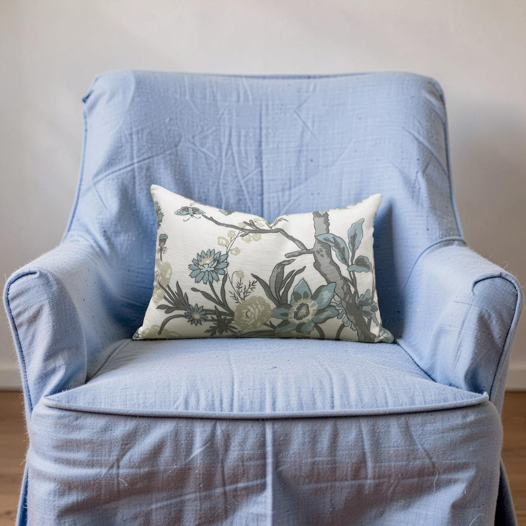 Thibaut Lumbar Pillow Beige and Aqua 12x18" Knife Edge Cover