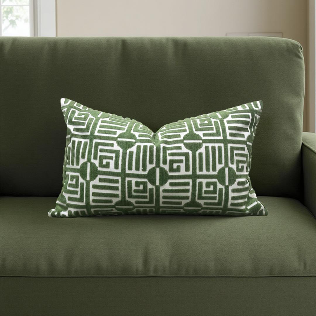 Designer Fabric Labyrinth Velvet Emerald 12X18" Knife Edge Decorative Lumbar Pillow