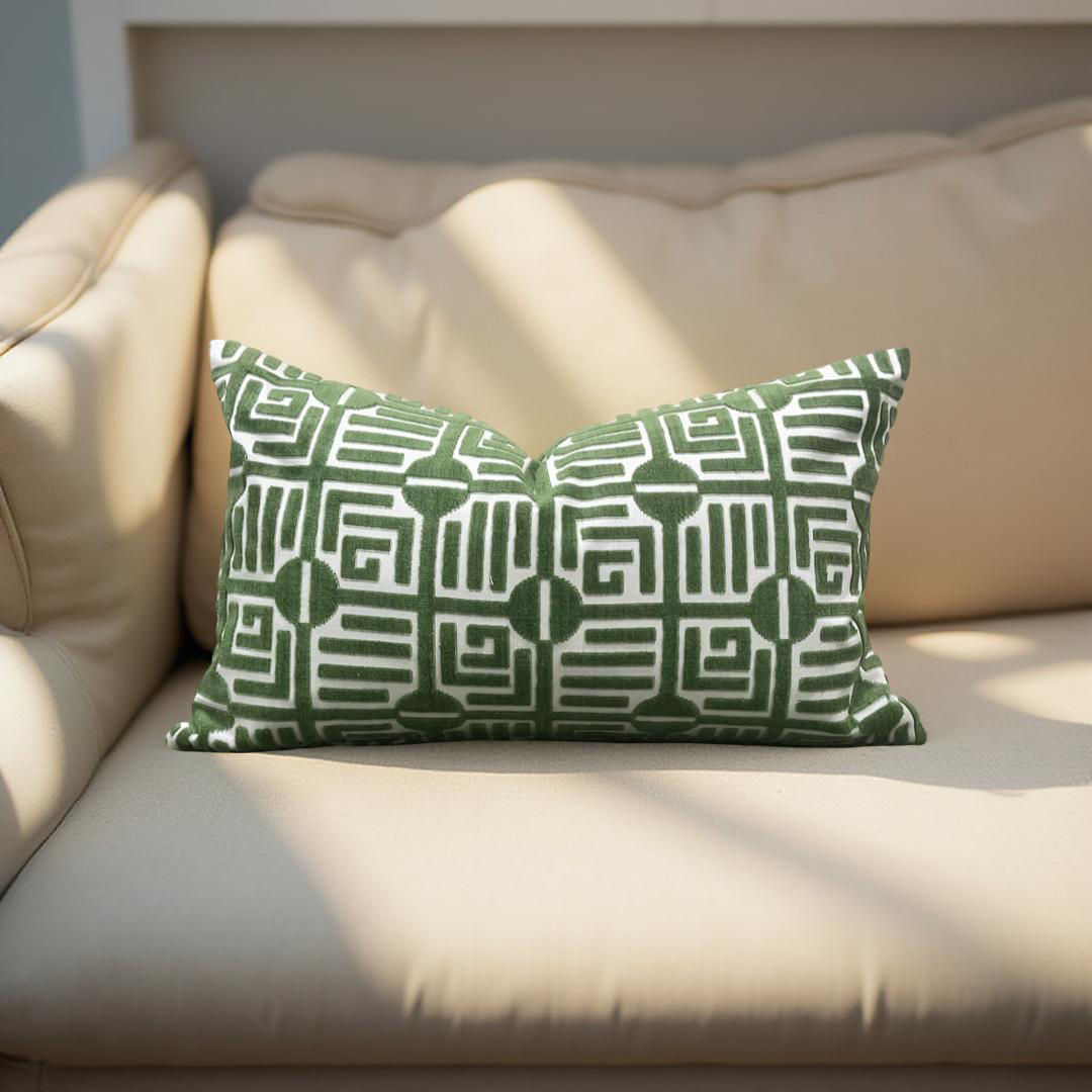 Designer Fabric Labyrinth Velvet Emerald 12X18" Knife Edge Decorative Lumbar Pillow