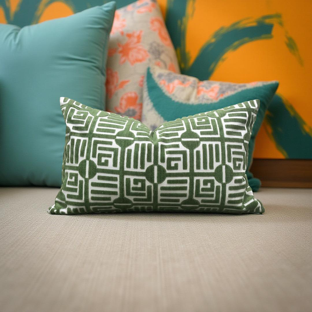 Designer Fabric Labyrinth Velvet Emerald 12X18" Knife Edge Decorative Lumbar Pillow