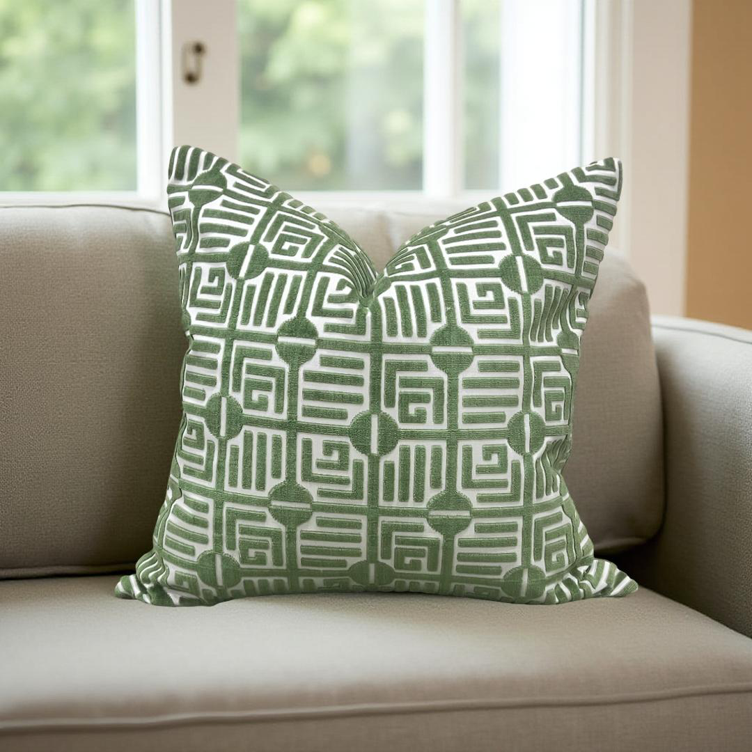 Designer Fabric Labyrinth Velvet Emerald 20x20" Knife Edge Decorative Throw Pillow