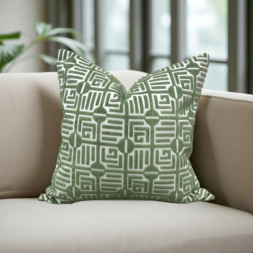 Designer Fabric Labyrinth Velvet Emerald 20x20" Knife Edge Decorative Throw Pillow