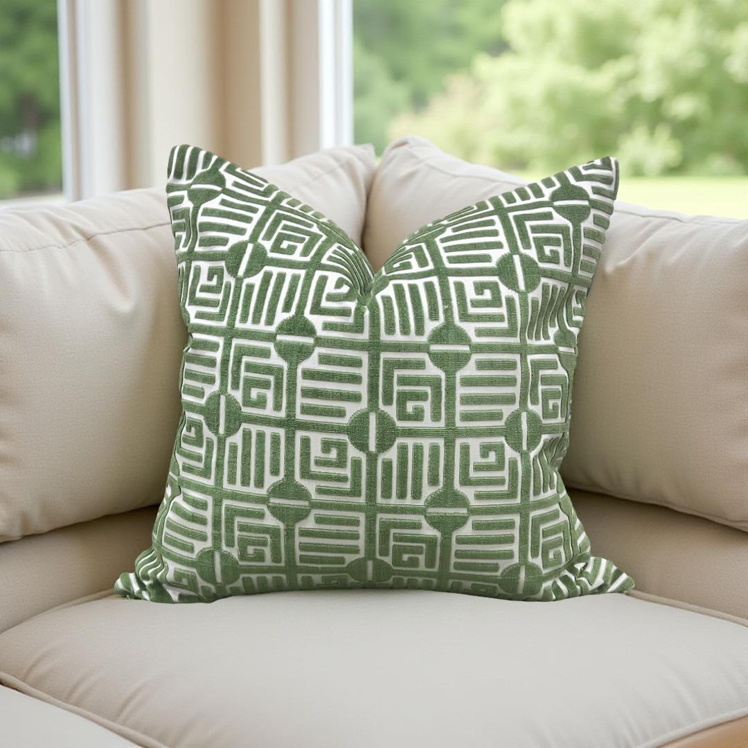 Designer Fabric Labyrinth Velvet Emerald 20x20" Knife Edge Decorative Throw Pillow