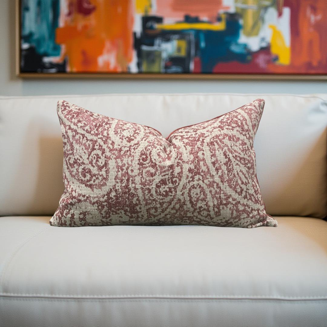 Tan and Red Paisley 12X18" Knife Edge Decorative Lumbar Pillow
