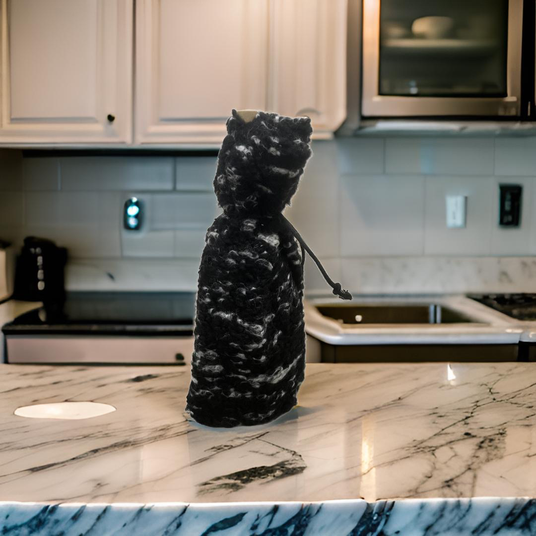 Black and Grey Fuzzy Wine Bottle Bag
