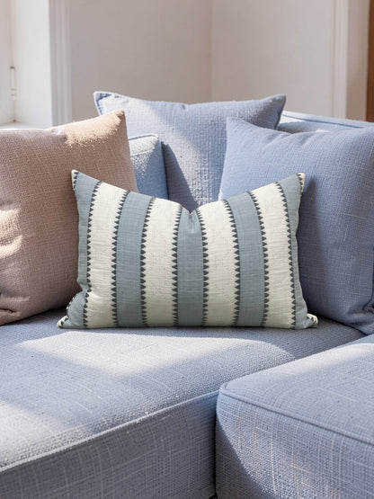 Schumacher Fabric Lumbar Pillow Isolde Stripe Matelasse Sky 12x18" Knife Edge Cover