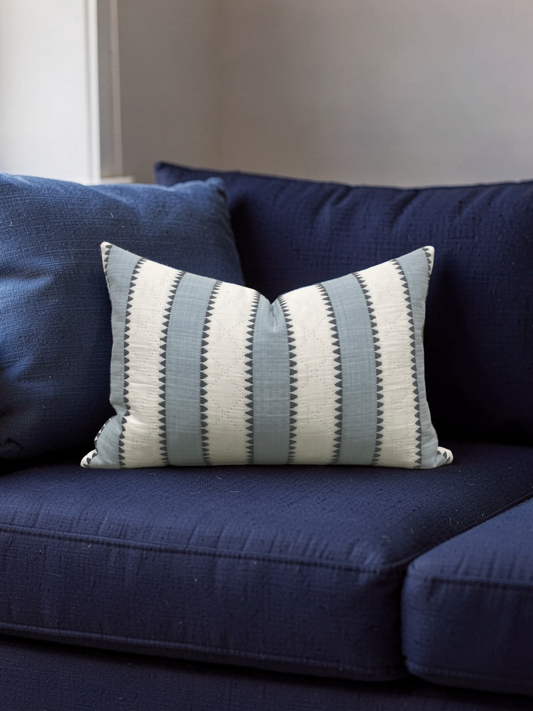 Schumacher Fabric Lumbar Pillow Isolde Stripe Matelasse Sky 12x18" Knife Edge Cover