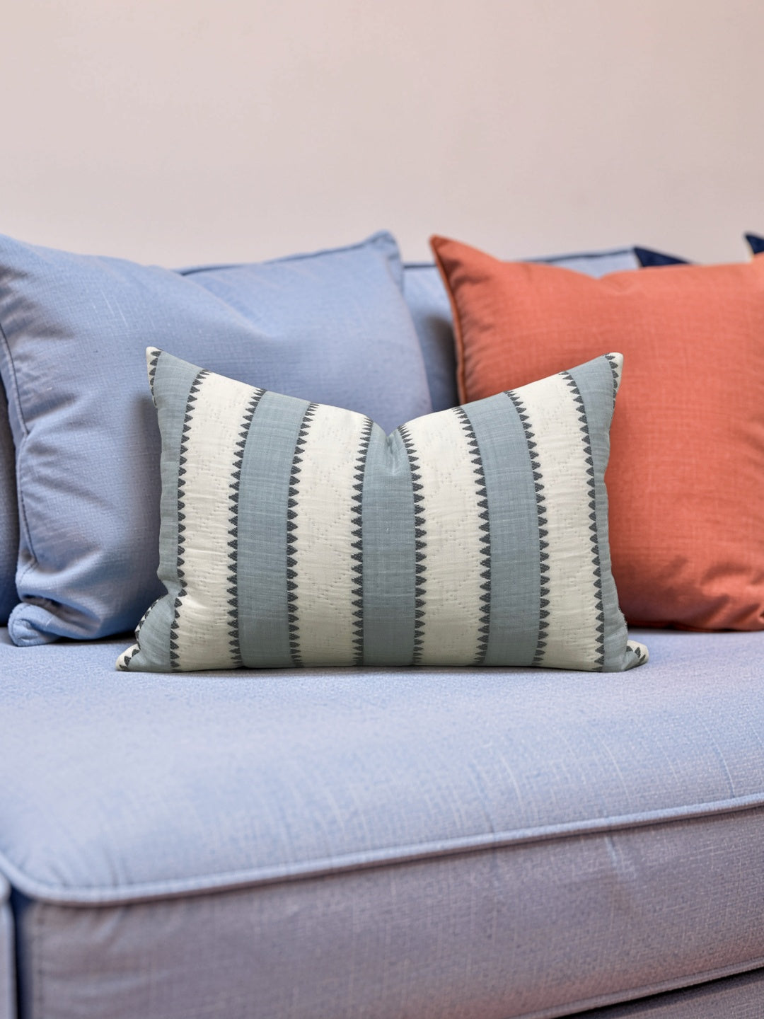 Schumacher Fabric Lumbar Pillow Isolde Stripe Matelasse Sky 12x18" Knife Edge Cover