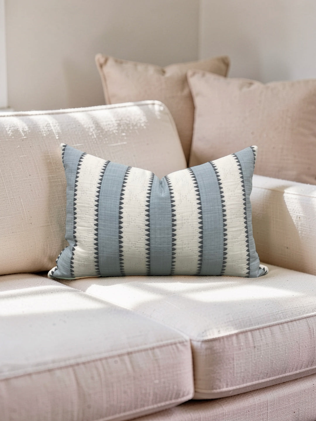 Schumacher Fabric Lumbar Pillow Isolde Stripe Matelasse Sky 12x18" Knife Edge Cover