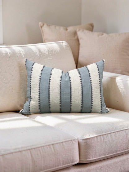 Schumacher Fabric Lumbar Pillow Isolde Stripe Matelasse Sky 12x18" Knife Edge Cover