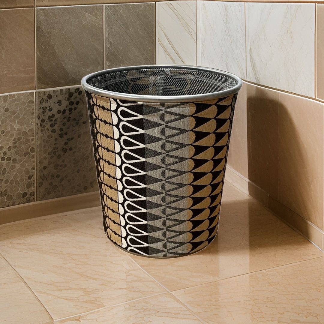 Black, Brown, and Grey ZigZag Patterned Decorative Waste Basket Bin
