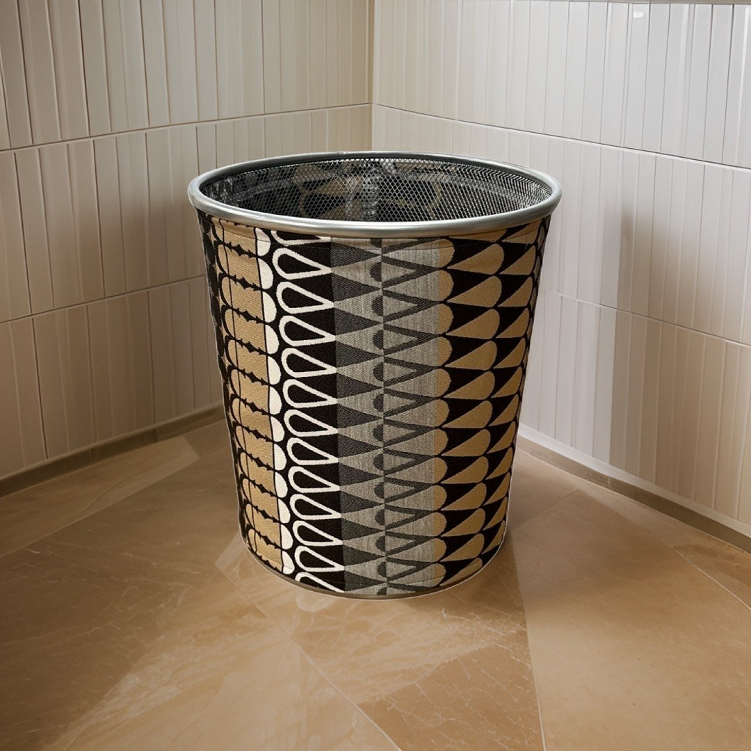 Black, Brown, and Grey ZigZag Patterned Decorative Waste Basket Bin