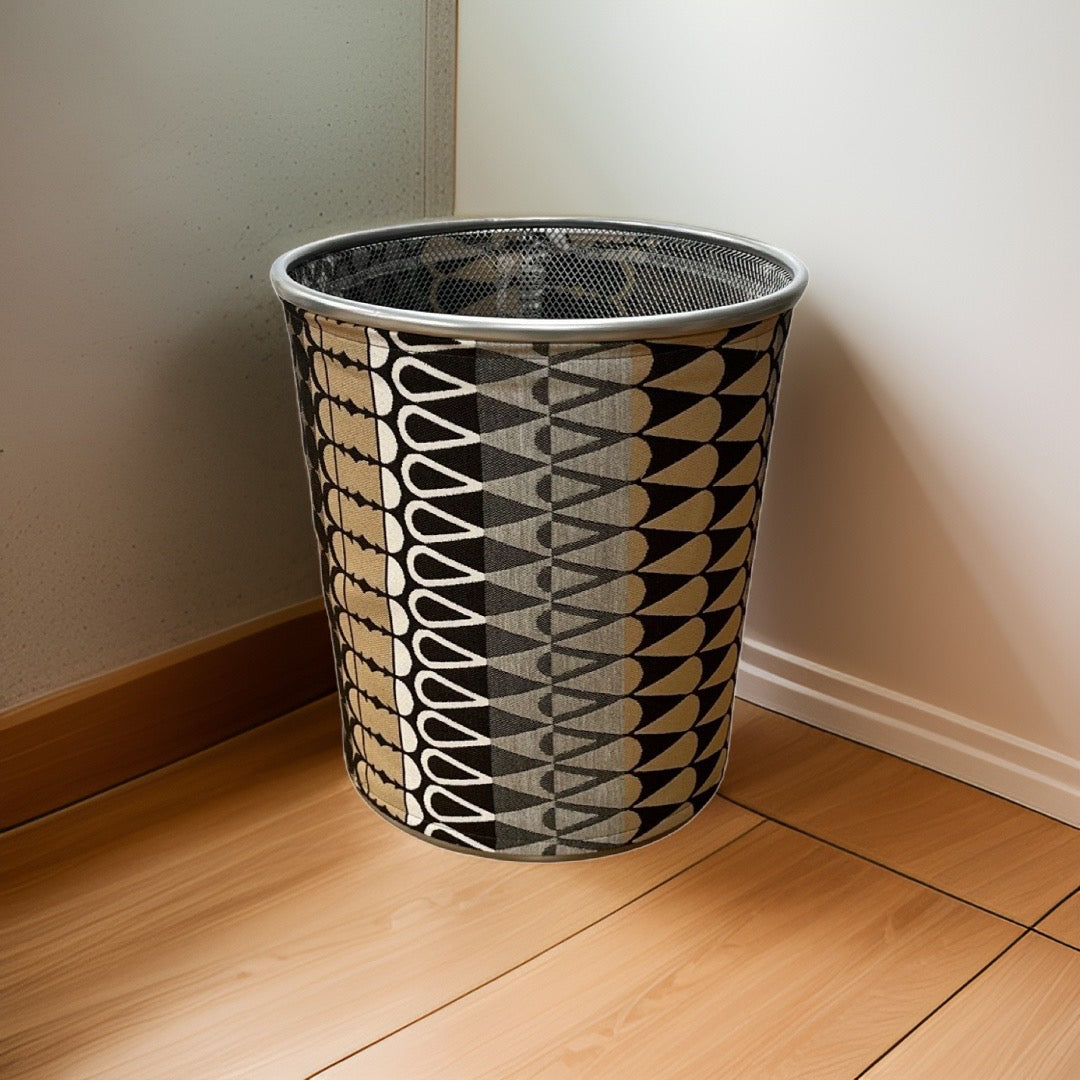 Black, Brown, and Grey ZigZag Patterned Decorative Waste Basket Bin