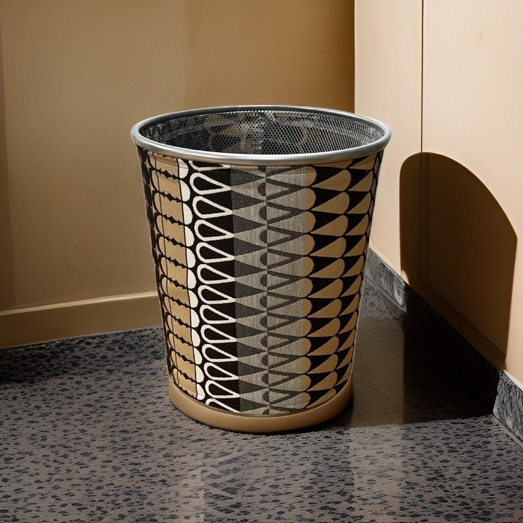 Black, Brown, and Grey ZigZag Patterned Decorative Waste Basket Bin