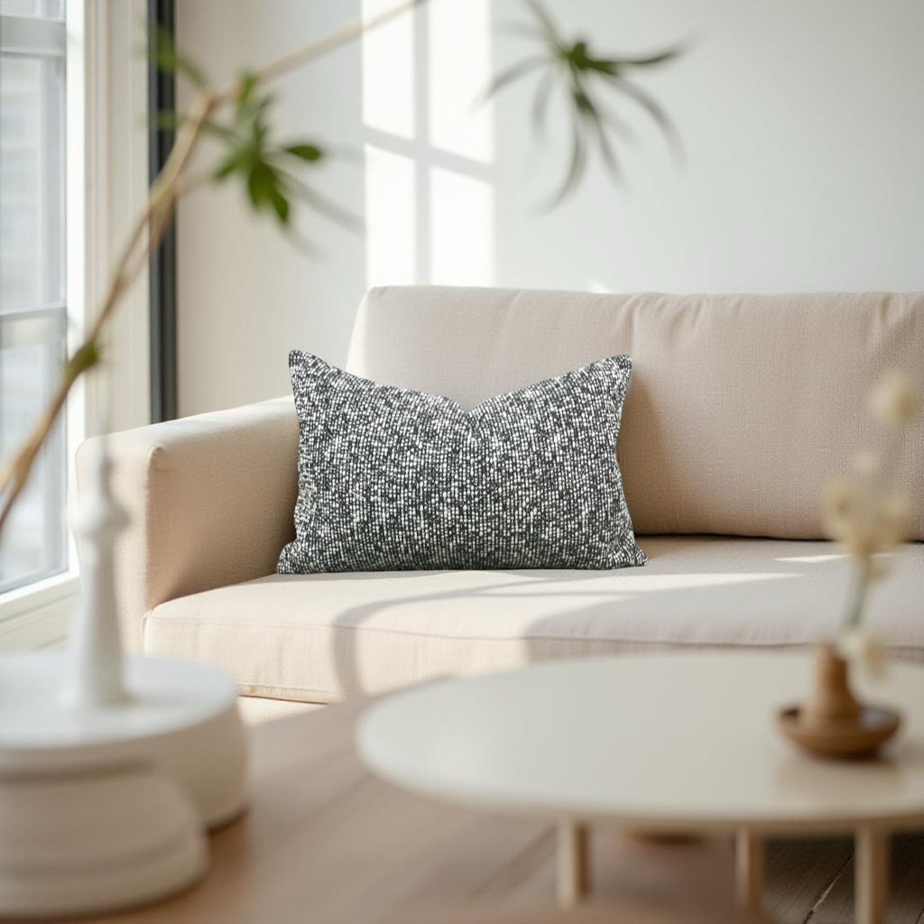 Black and Cream Textured Weave 12X18" Knife Edge Decorative Lumbar Pillow