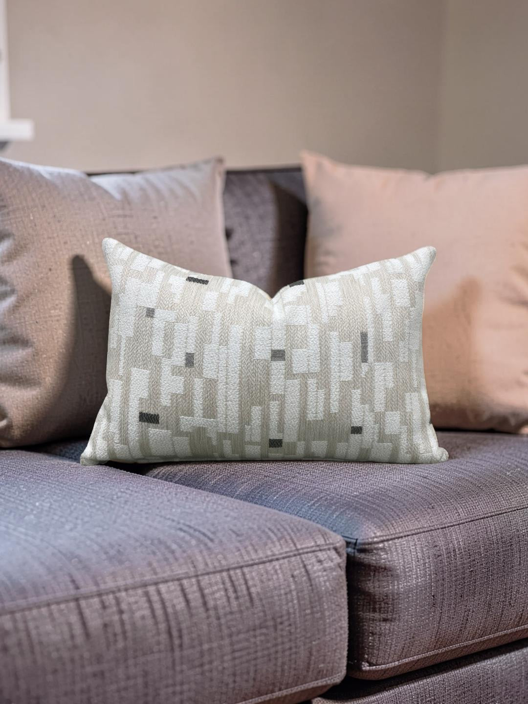 Brentano Lumbar Pillow Triptych Checked White 12x18" Knife Edge Cover