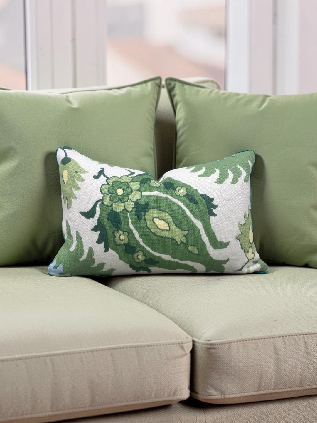 Brunschwig & Fils Lumbar Pillow Kashmiri Linen Print Leaf Aloe 12x18" Knife Edge Cover