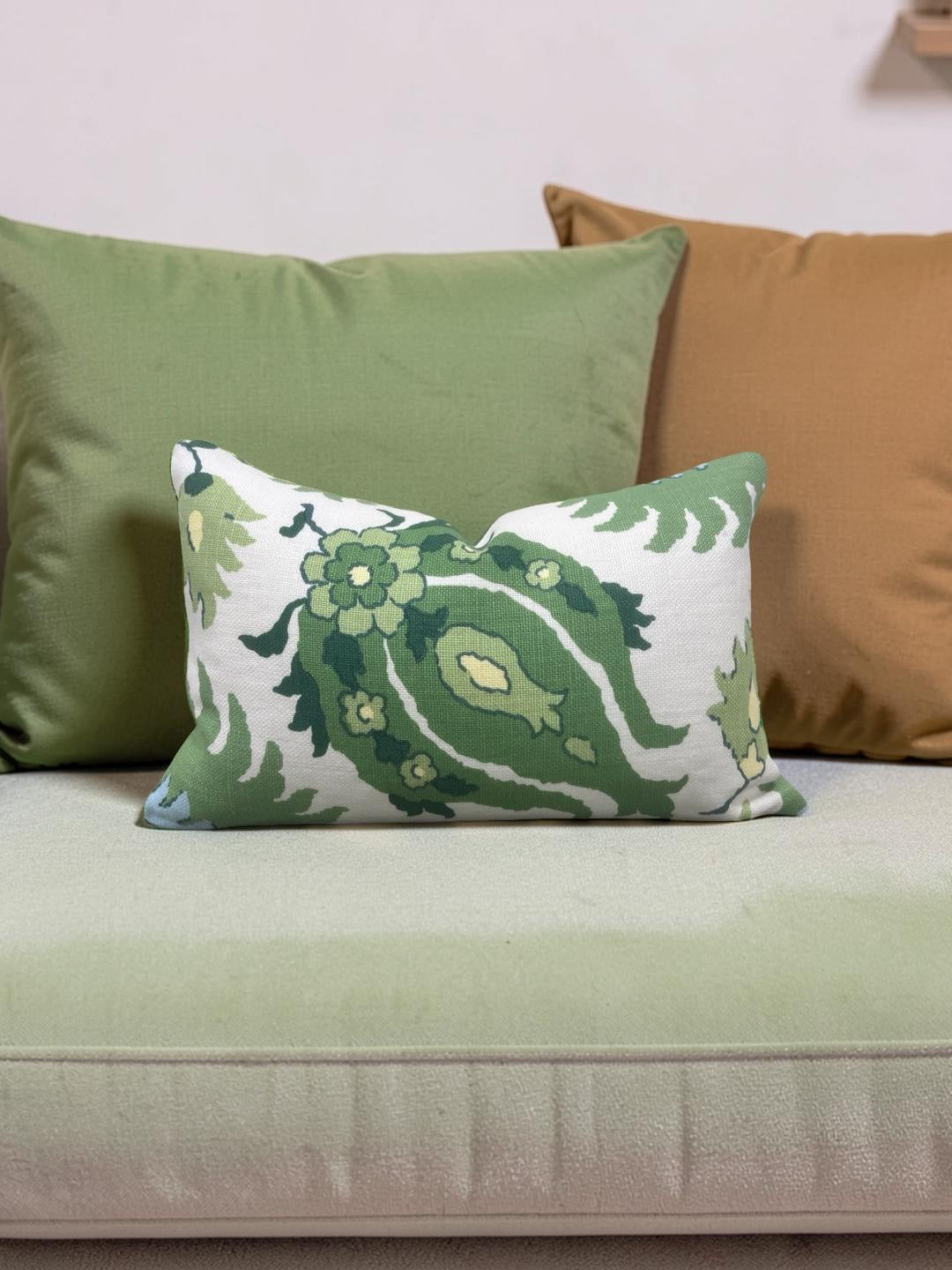 Brunschwig & Fils Lumbar Pillow Kashmiri Linen Print Leaf Aloe 12x18" Knife Edge Cover