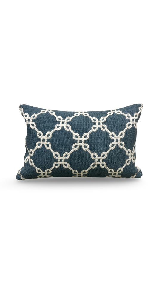Cobalt Cream Linked Lattice 12X18" Knife Edge Decorative Lumbar Pillow