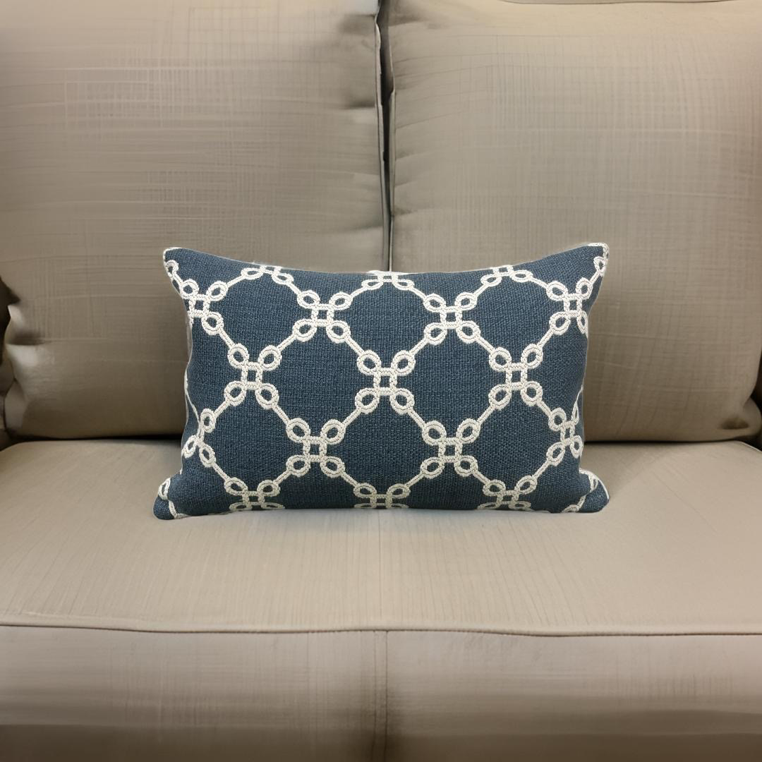 Cobalt Cream Linked Lattice 12X18" Knife Edge Decorative Lumbar Pillow