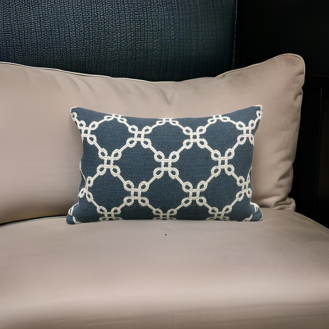 Cobalt Cream Linked Lattice 12X18" Knife Edge Decorative Lumbar Pillow
