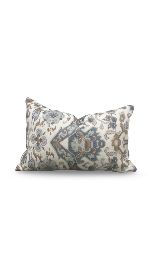 Damask Lumbar Pillow Vermeer Indigo Cream - 11314-02 - 12x18" Knife Edge Cover