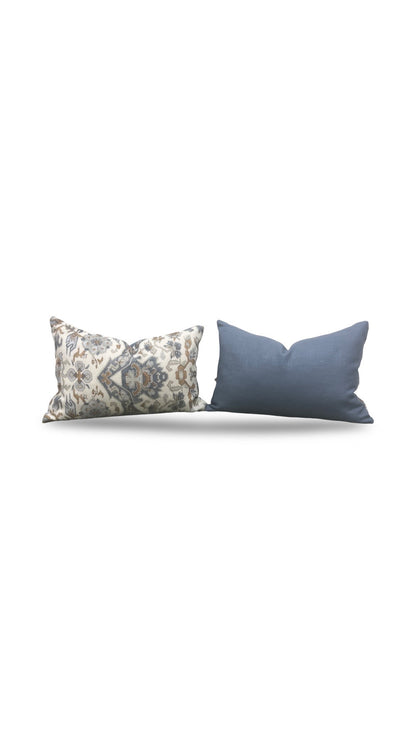 Damask Lumbar Pillow Vermeer Indigo Cream - 11314-02 - 12x18" Knife Edge Cover