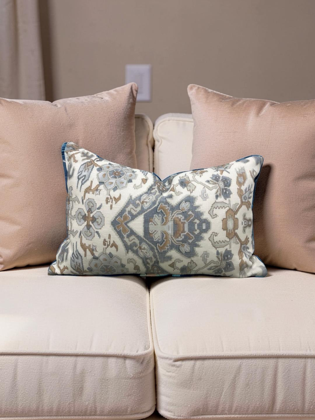 Damask Lumbar Pillow Vermeer Indigo Cream - 11314-02 - 12x18" Knife Edge Cover