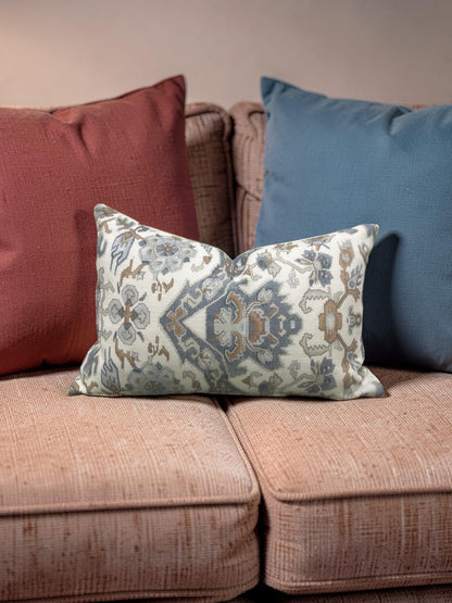 Damask Lumbar Pillow Vermeer Indigo Cream - 11314-02 - 12x18" Knife Edge Cover