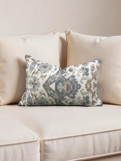 Damask Lumbar Pillow Vermeer Indigo Cream - 11314-02 - 12x18" Knife Edge Cover