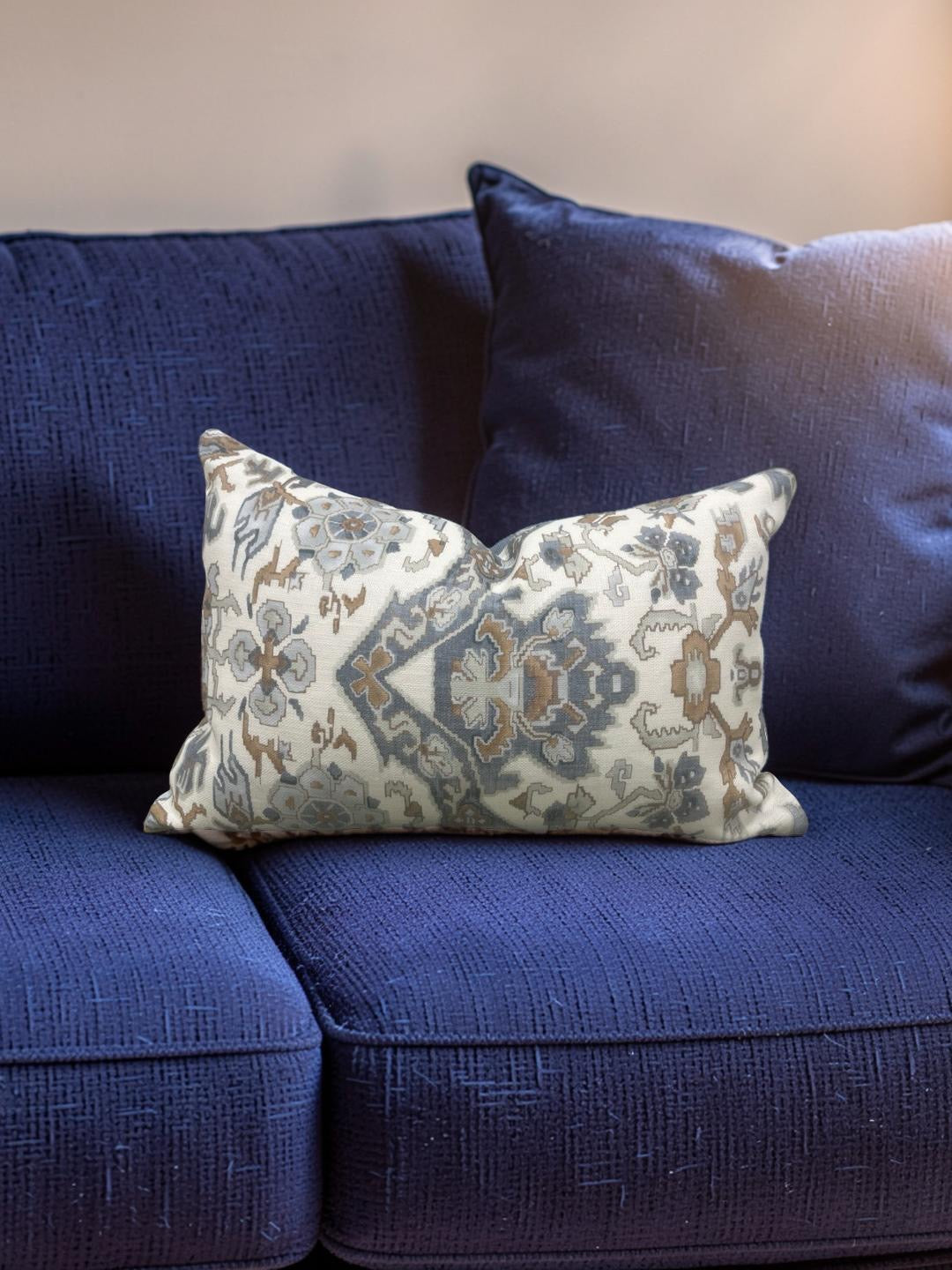 Damask Lumbar Pillow Vermeer Indigo Cream - 11314-02 - 12x18" Knife Edge Cover