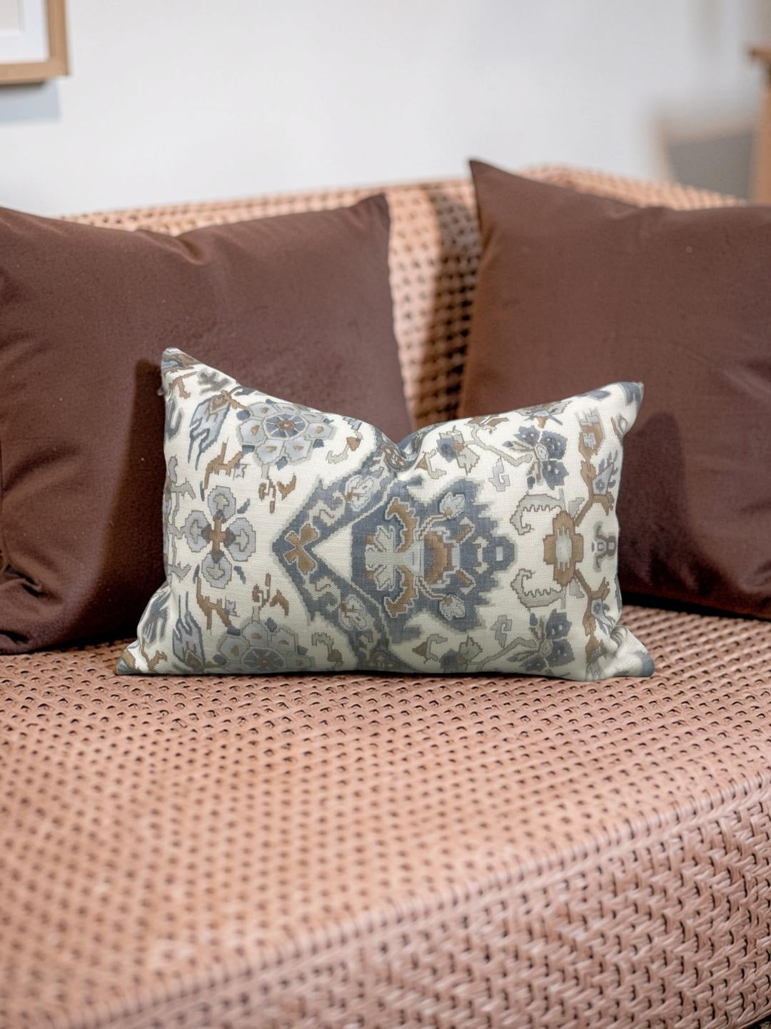 Damask Lumbar Pillow Vermeer Indigo Cream - 11314-02 - 12x18" Knife Edge Cover