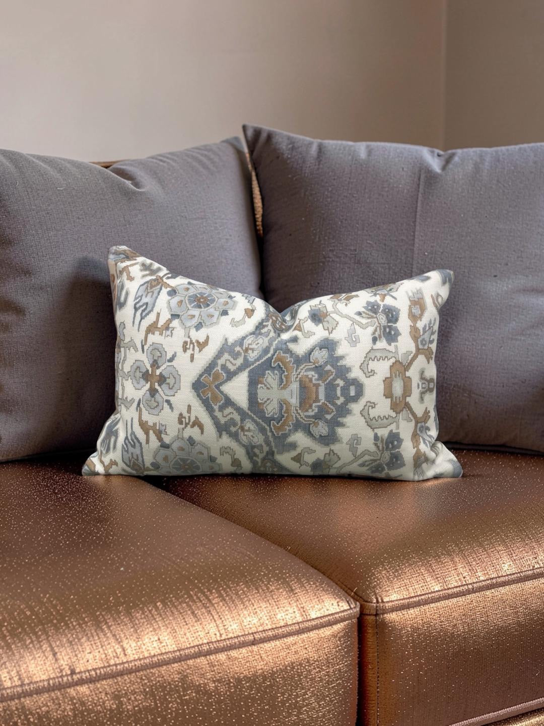 Damask Lumbar Pillow Vermeer Indigo Cream - 11314-02 - 12x18" Knife Edge Cover