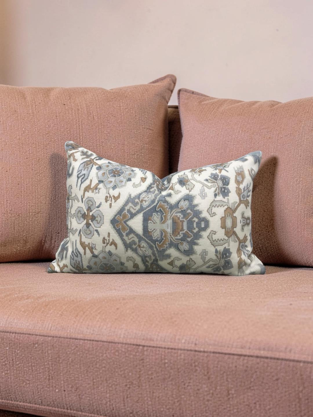 Damask Lumbar Pillow Vermeer Indigo Cream - 11314-02 - 12x18" Knife Edge Cover