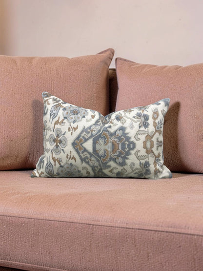Damask Lumbar Pillow Vermeer Indigo Cream - 11314-02 - 12x18" Knife Edge Cover