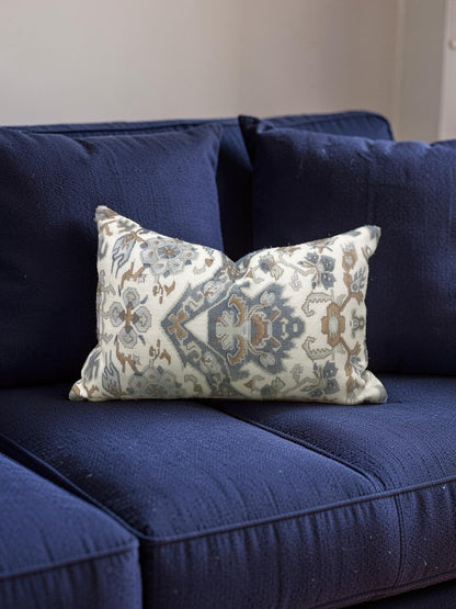 Damask Lumbar Pillow Vermeer Indigo Cream - 11314-02 - 12x18" Knife Edge Cover