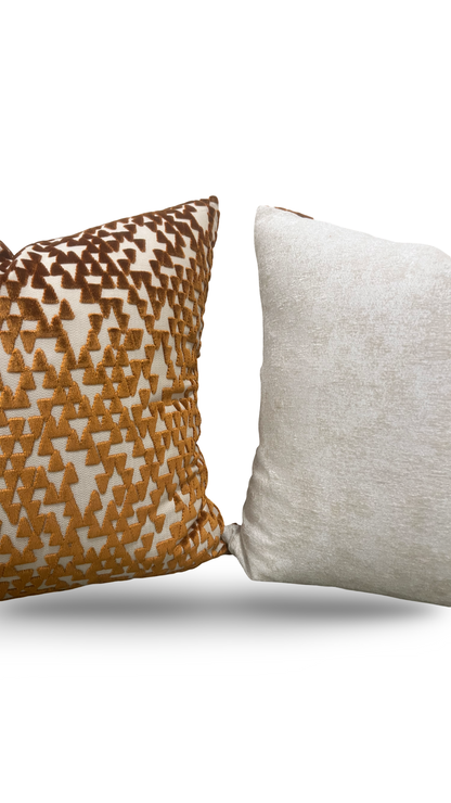 Decorative Pillow Cream with Copper Velvet Triangles 22x22" Knife Edge Cover
