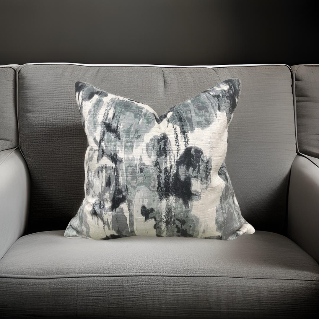Cream Blue and Grey Velvet Abstract 20x20" Knife Edge Decorative Pillow