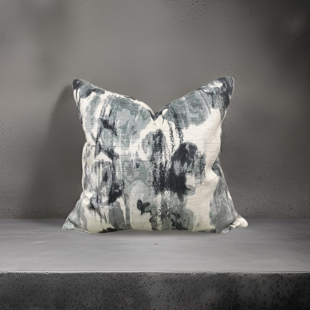 Cream Blue and Grey Velvet Abstract 20x20" Knife Edge Decorative Pillow