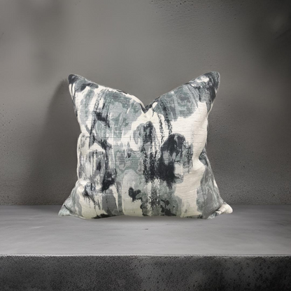 Cream Blue and Grey Velvet Abstract 20x20" Knife Edge Decorative Pillow