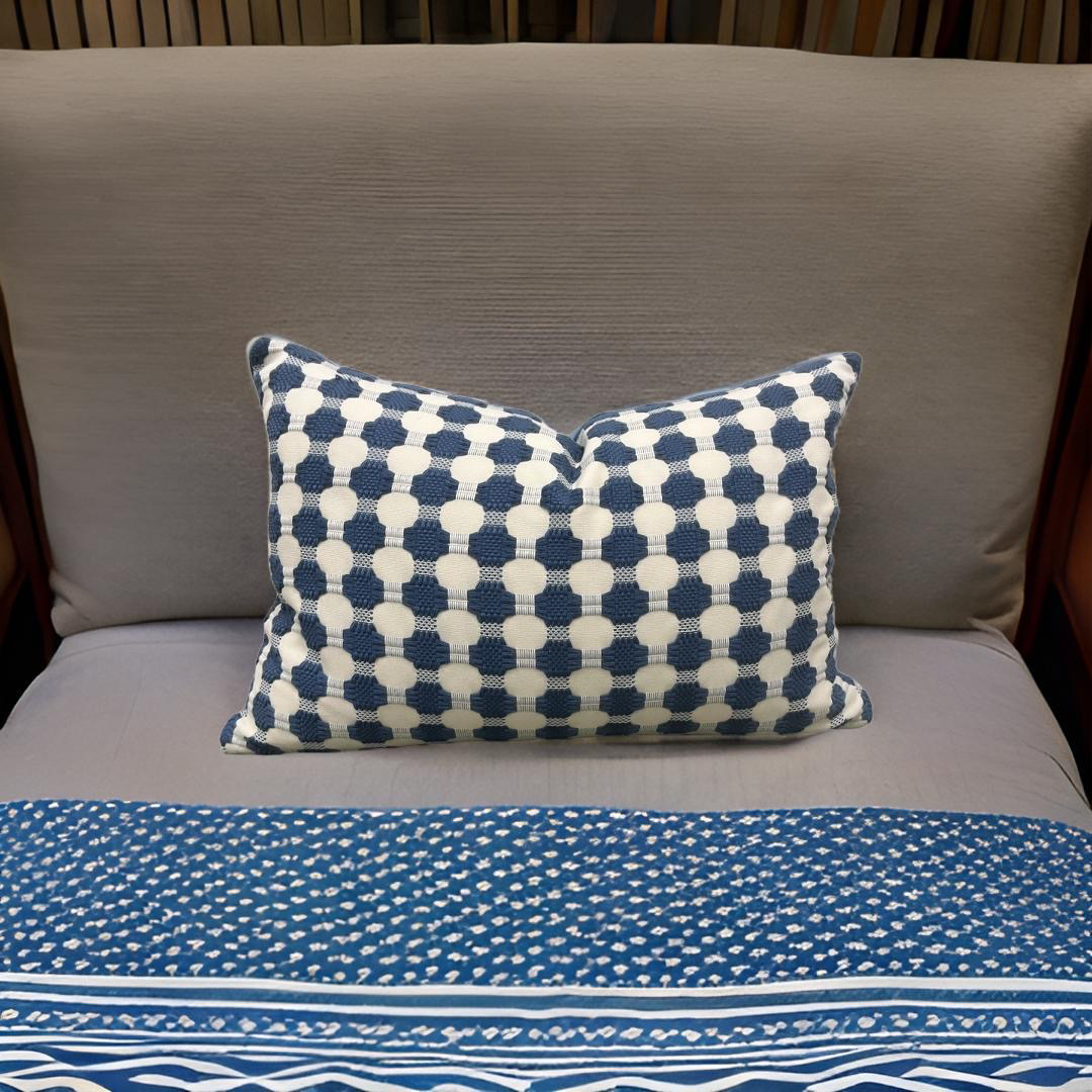 Cream with Blue Polka Dots 12X18" Knife Edge Decorative Lumbar Pillow