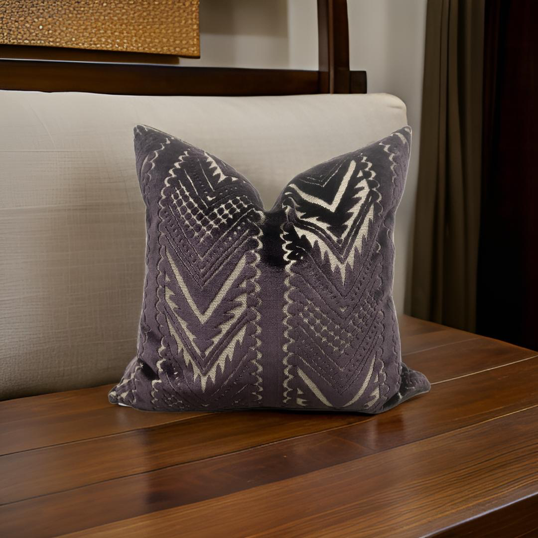 Dark Purple and Tan Raised Cut Velvet 20x20" Knife Edge Decorative Pillow