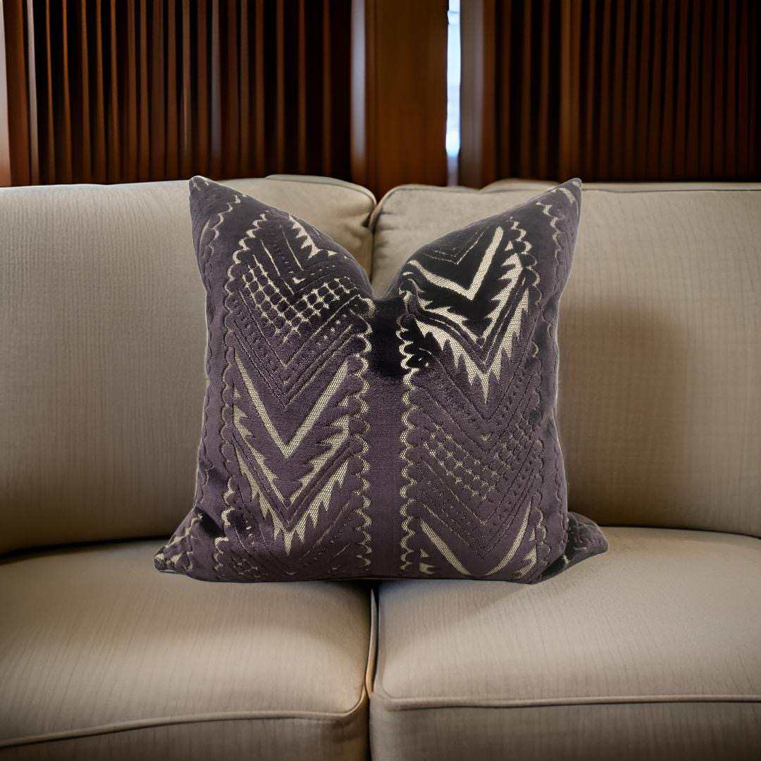 Dark Purple and Tan Raised Cut Velvet 20x20" Knife Edge Decorative Pillow