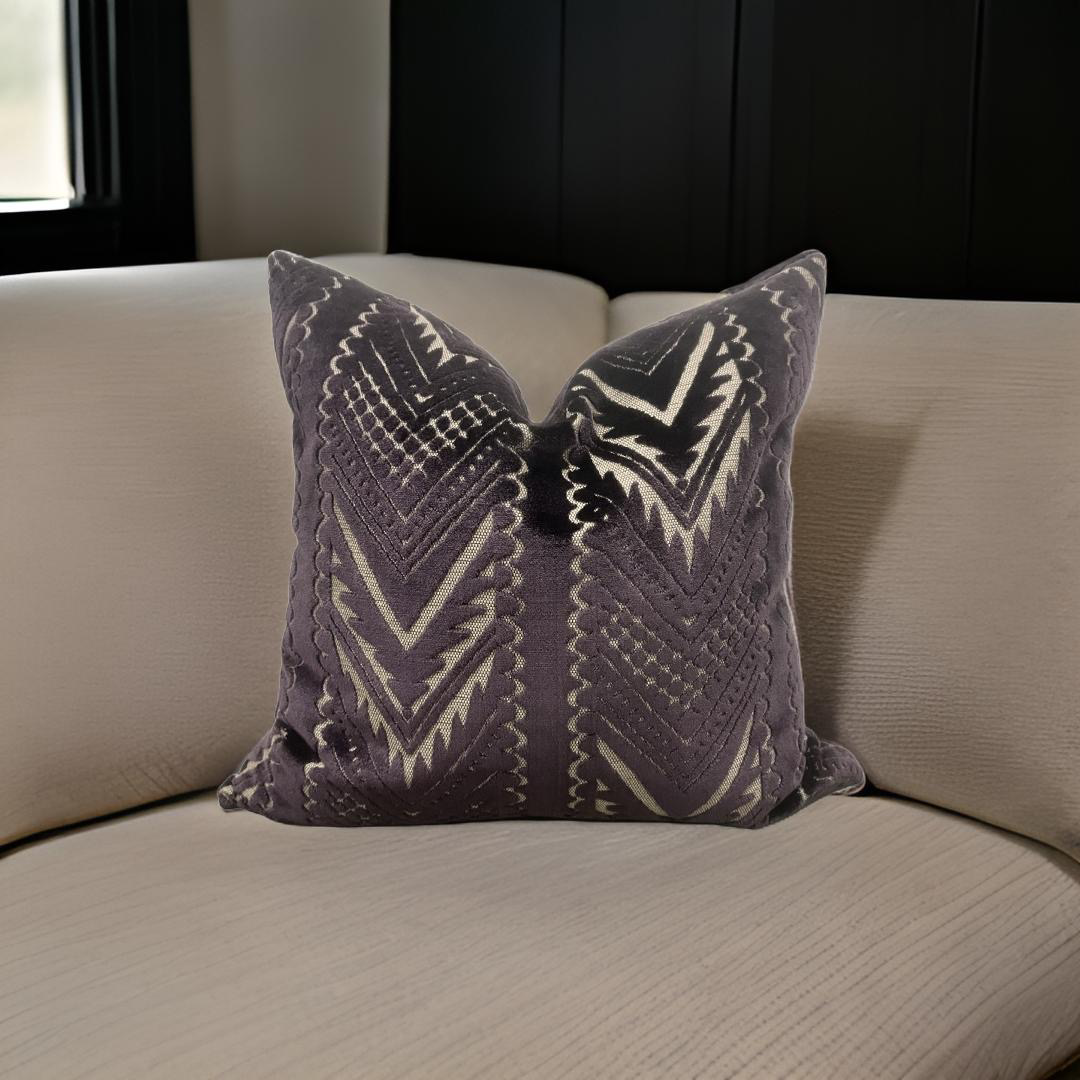 Dark Purple and Tan Raised Cut Velvet 20x20" Knife Edge Decorative Pillow