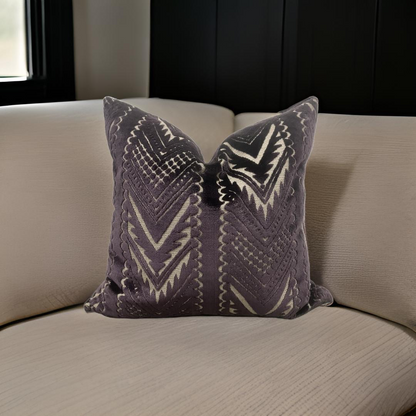 Dark Purple and Tan Raised Cut Velvet 20x20" Knife Edge Decorative Pillow