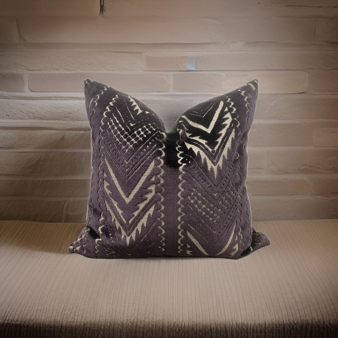 Dark Purple and Tan Raised Cut Velvet 20x20" Knife Edge Decorative Pillow