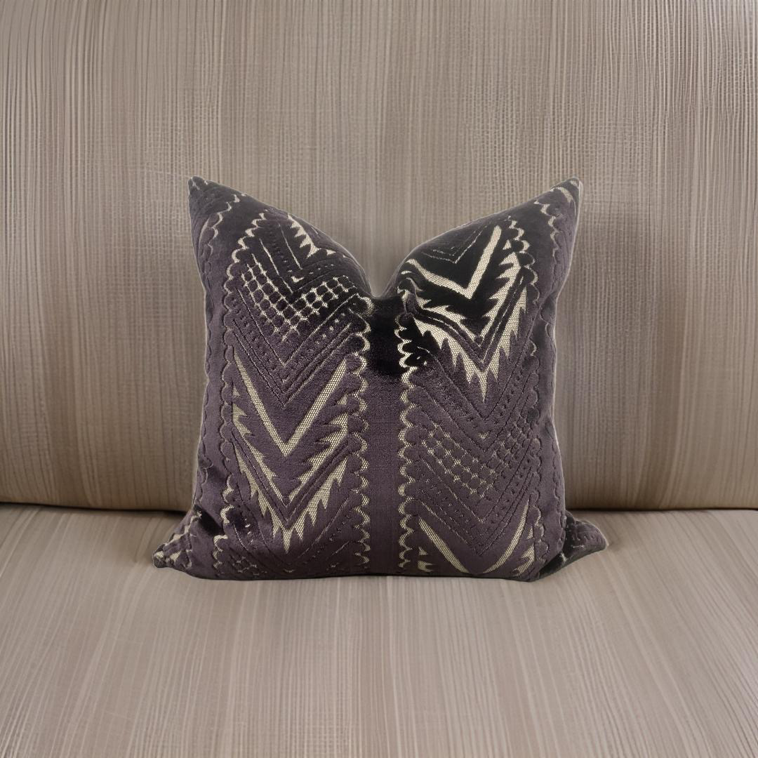 Dark Purple and Tan Raised Cut Velvet 20x20" Knife Edge Decorative Pillow