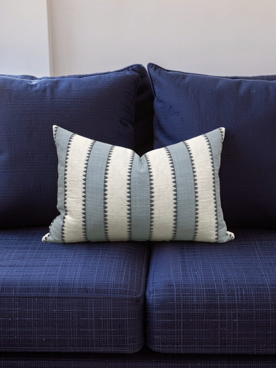 Schumacher Fabric Lumbar Pillow Isolde Stripe Matelasse Sky 12x18" Knife Edge Cover