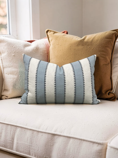 Schumacher Fabric Lumbar Pillow Isolde Stripe Matelasse Sky 12x18" Knife Edge Cover