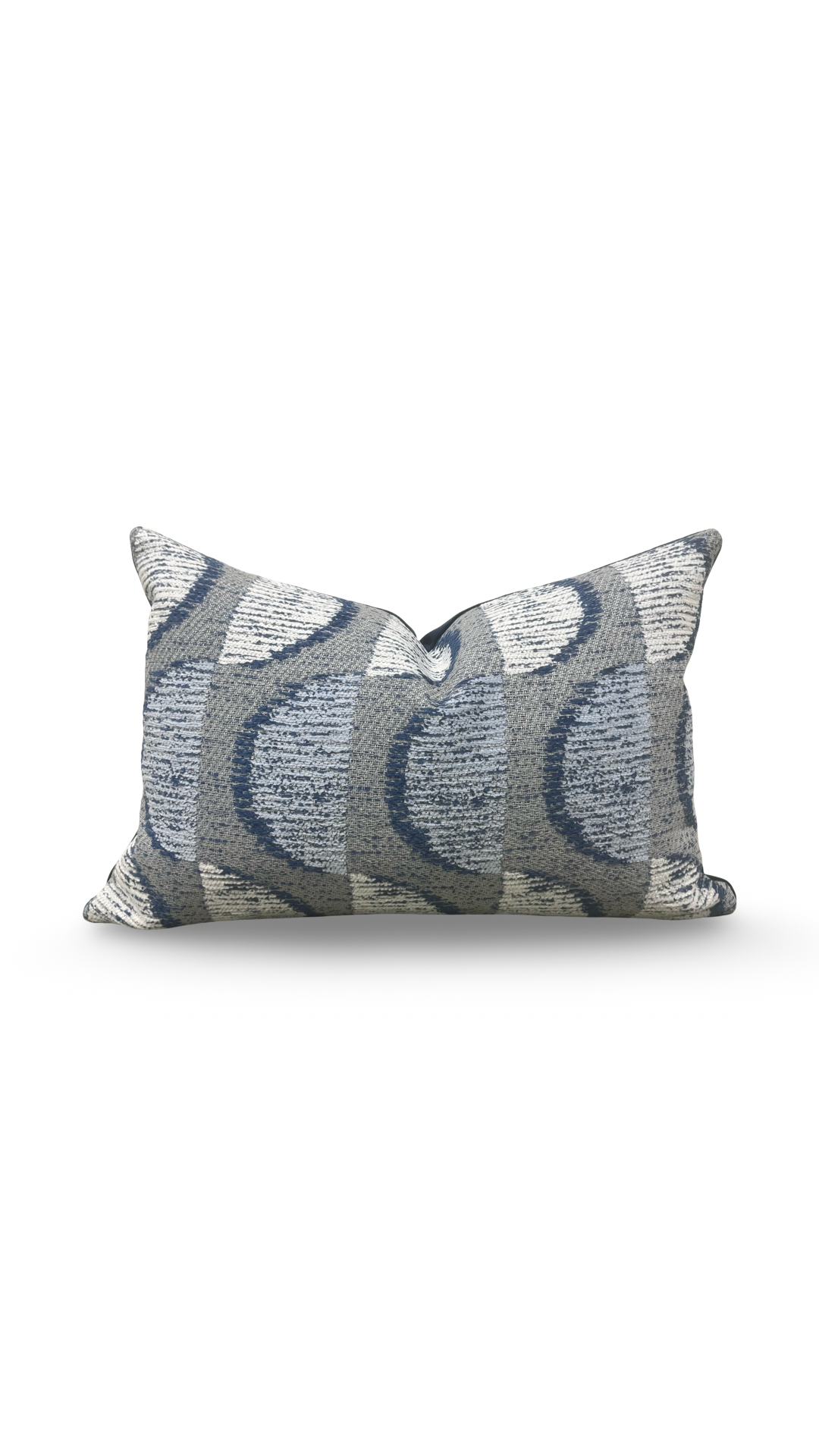 Decorative pillow with blue and gray pattern on a white background